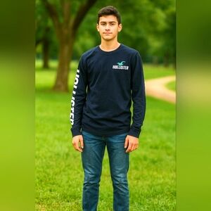Hollister Boys Dark Blue Graphic Long Sleeve Tee Sz 16